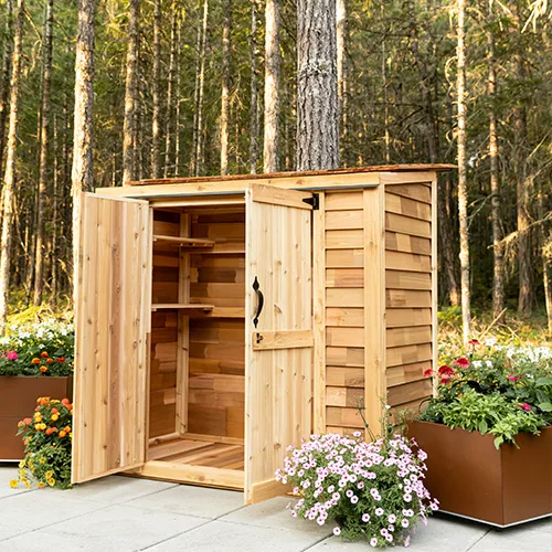 Wooden garden shed with open doors