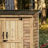 Wooden shed with black metal roof