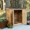 Wooden garden shed with open doors