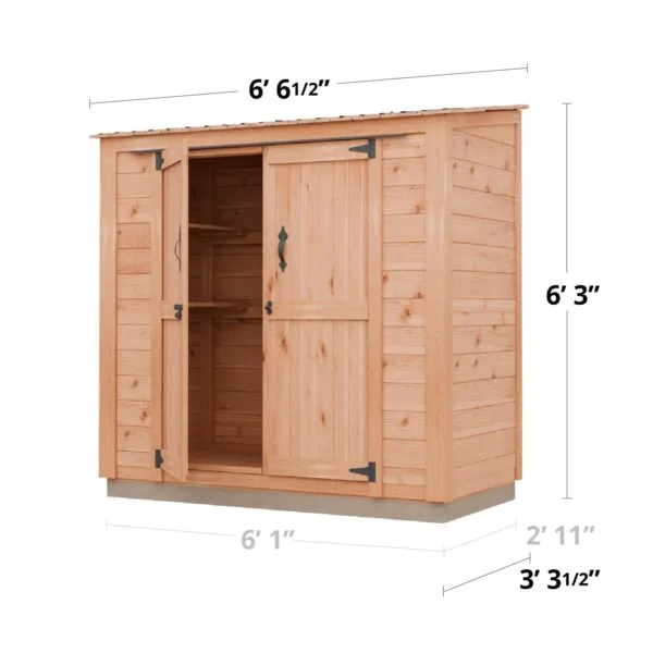 Wooden storage shed with dimensions shown