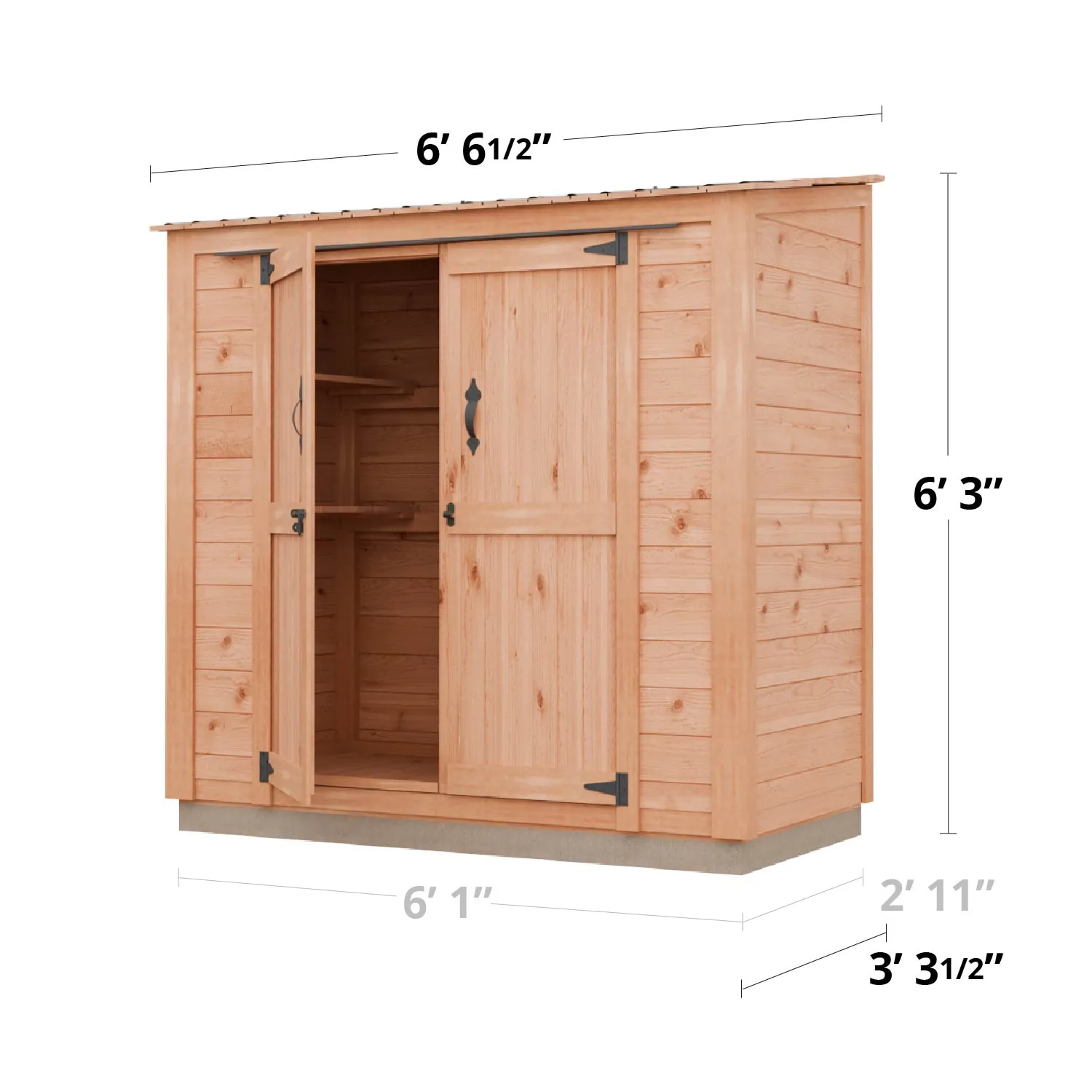 Wooden storage shed with dimensions shown