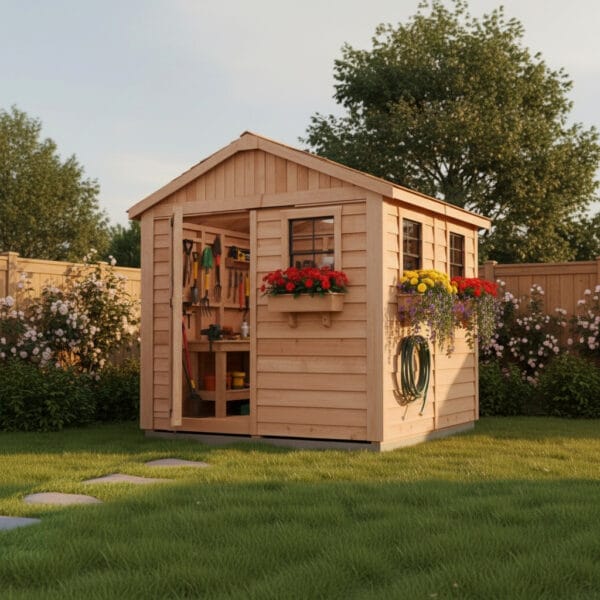 Cedar shed with flowers and tools.