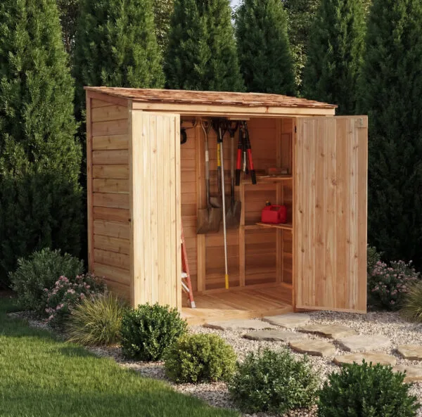 6×3 Western Red Cedar Grand Garden Chalet – Elegantly Crafted Storage Shed 5 Small Cedar Garden Shed 6ft x 3ft made from Western Red Cedar doors open