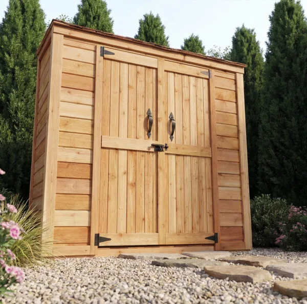 6×3 Western Red Cedar Grand Garden Chalet – Elegantly Crafted Storage Shed 3 Small Cedar Garden Shed 6ft x 3ft made from Western Red Cedar view from the bottom looking up