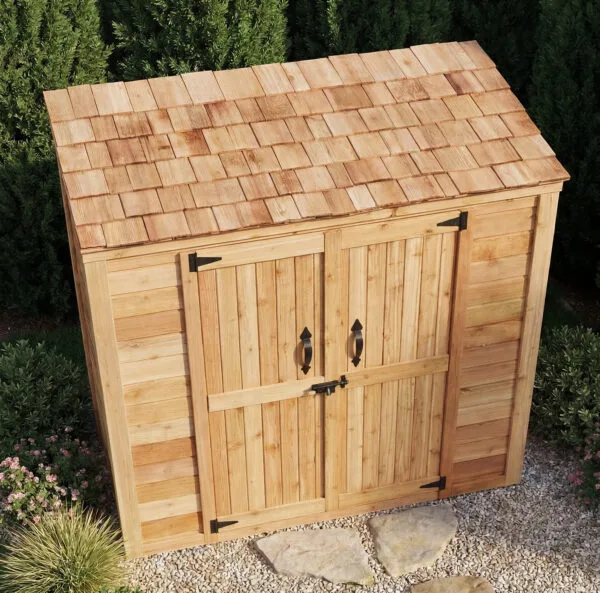 6×3 Western Red Cedar Grand Garden Chalet – Elegantly Crafted Storage Shed 11 Small Cedar Garden Shed 6ft x 3ft made from Western Red Cedar closeup view