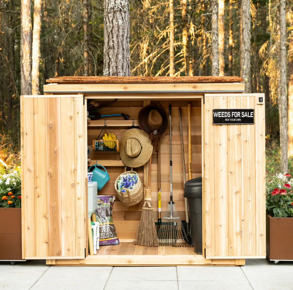 Wooden shed with gardening tools inside.