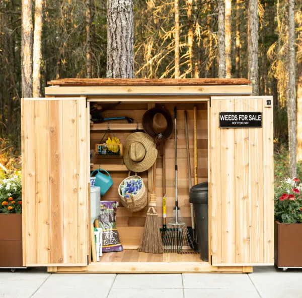 Wooden shed with gardening tools inside.