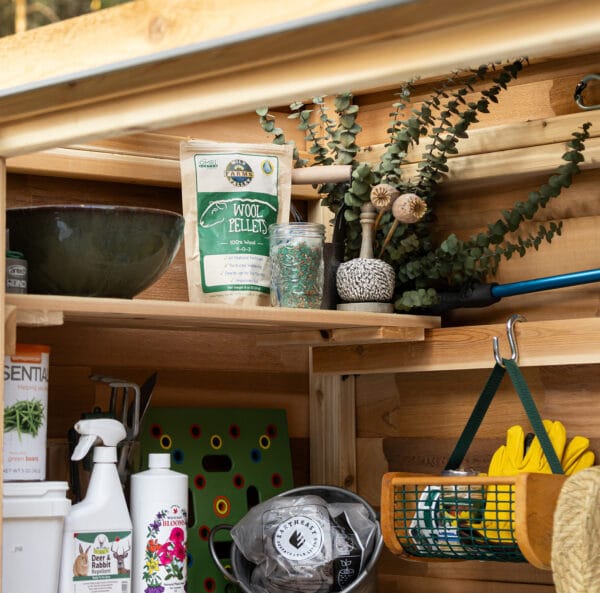 Organized shed with plants and supplies