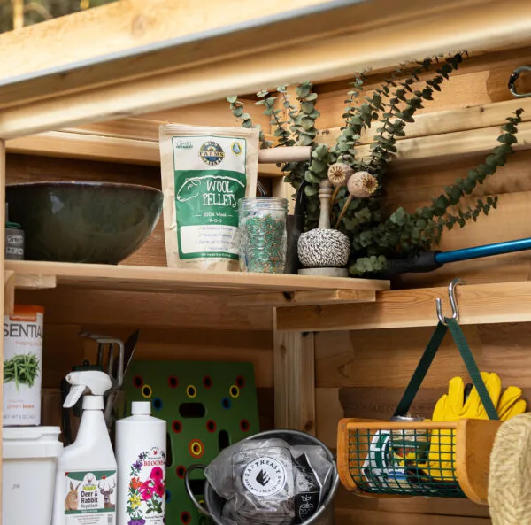 Organized shed with plants and supplies