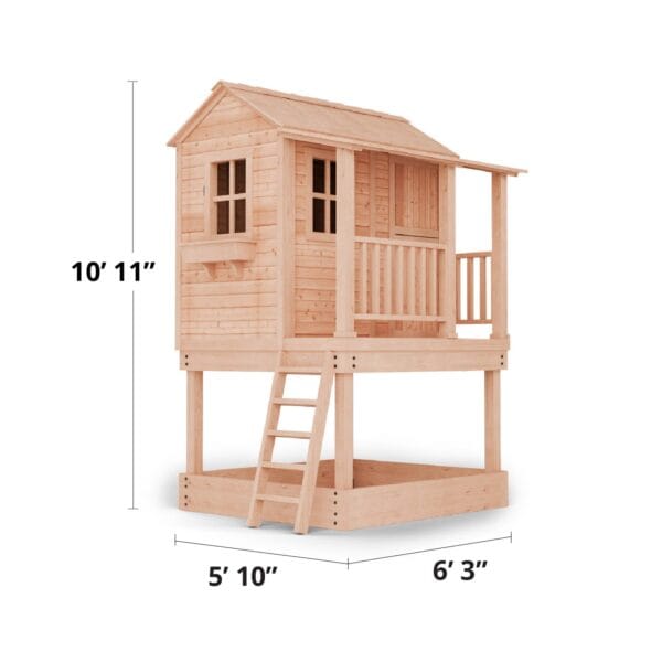 Wooden playhouse with ladder and dimensions