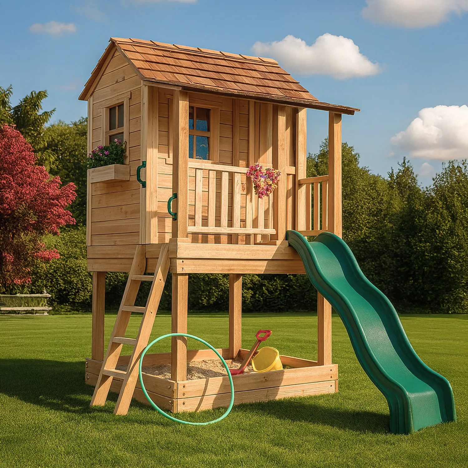 Wooden playhouse with slide and sandbox.