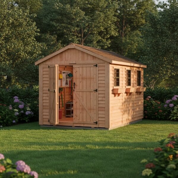 Wooden shed surrounded by lush greenery