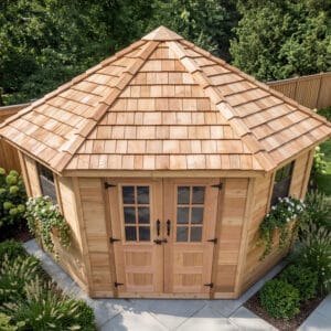 9×9 Western Red Cedar – Penthouse Shed – Corner Storage & Garden Tool Kit