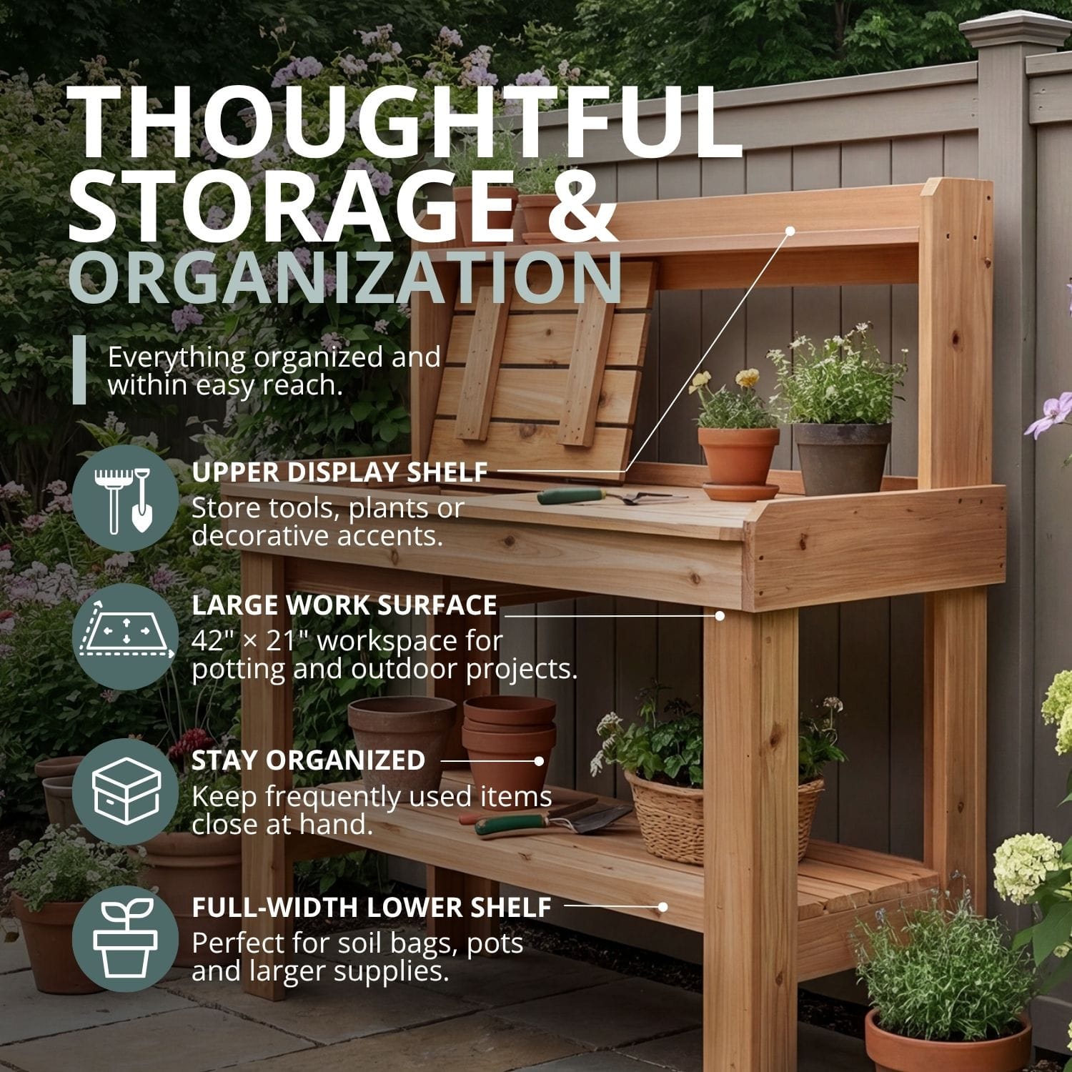 4×2 Western Red Cedar Potting Bench – Outdoor Garden Workstation 2 Garden potting bench with storage features