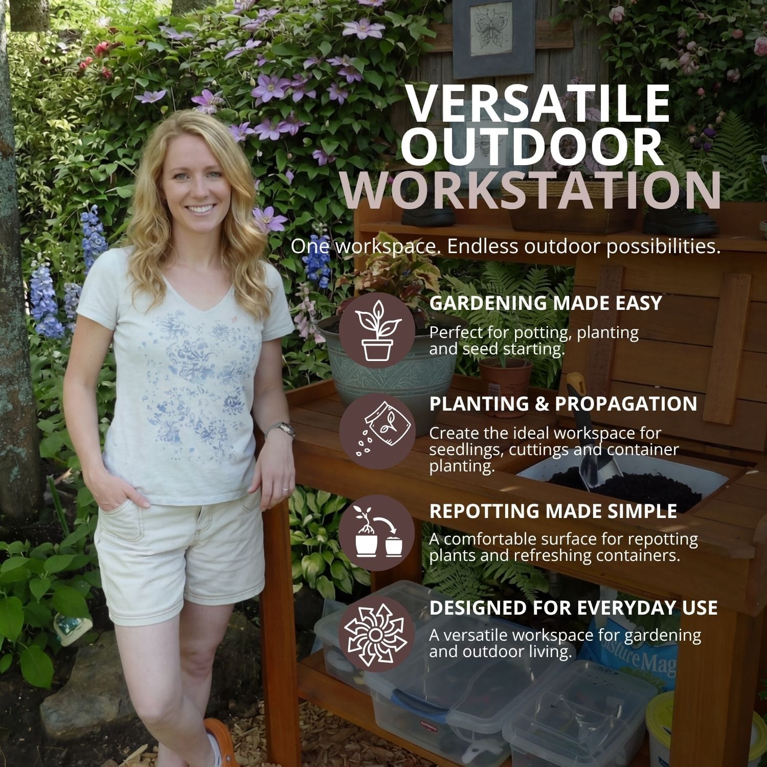 4×2 Western Red Cedar Potting Bench – Outdoor Garden Workstation 4 Woman with outdoor gardening workstation.