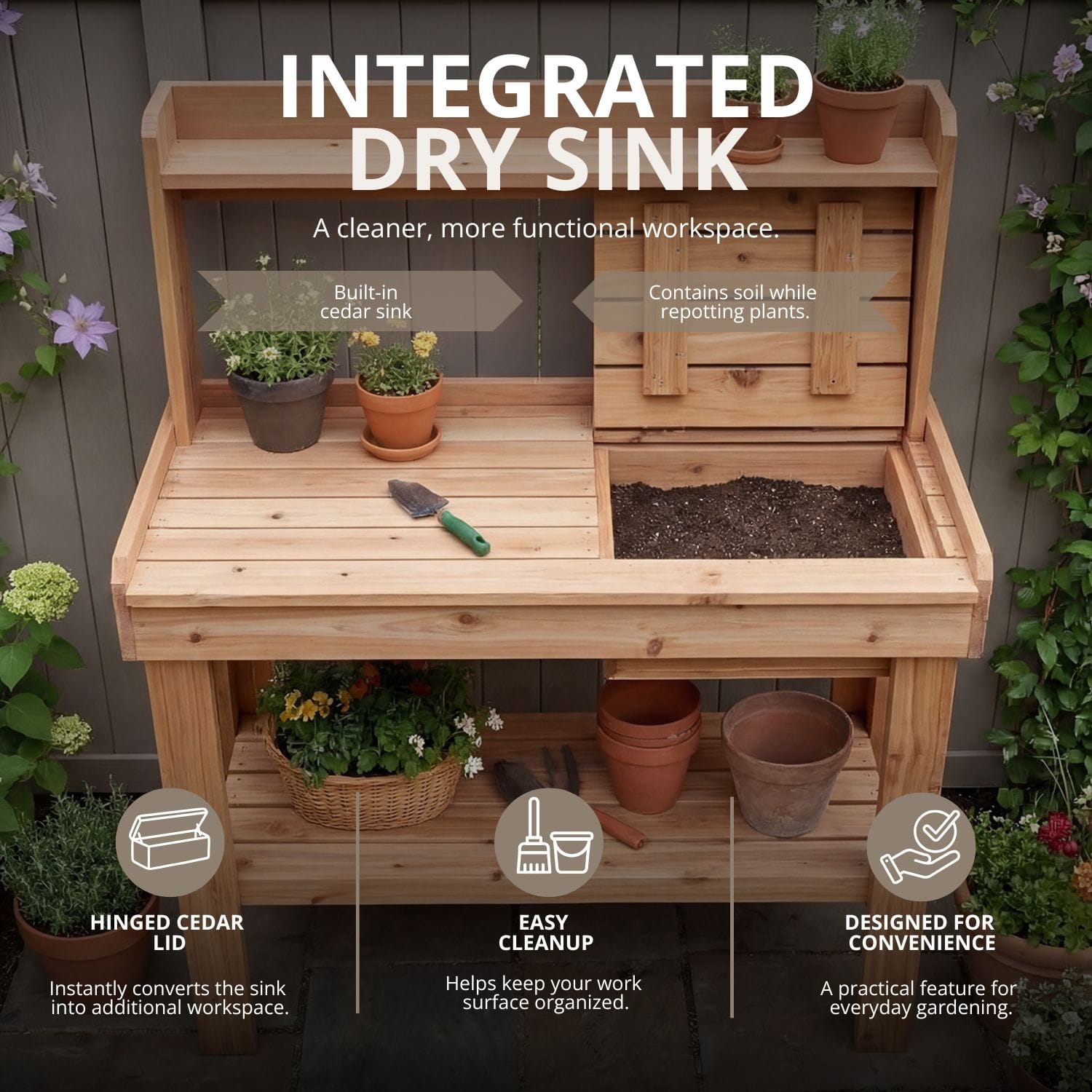 4×2 Western Red Cedar Potting Bench – Outdoor Garden Workstation 6 Wooden potting bench with integrated sink