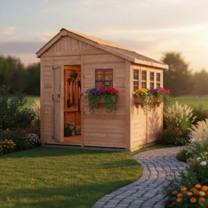 Charming cedar shed with flower boxes.