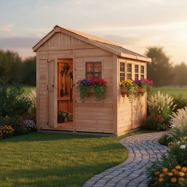 8×8 Western Red Cedar – Sunshed Garden Shed – Greenhouse & Workspace Kit 1 Charming cedar shed with flower boxes.