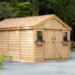 Wooden shed with flower boxes