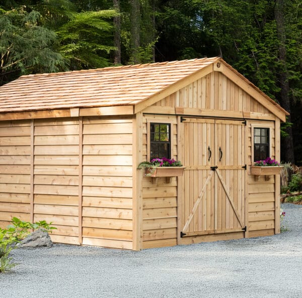Wooden shed with flower boxes