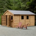 Wooden shed with outdoor seating area