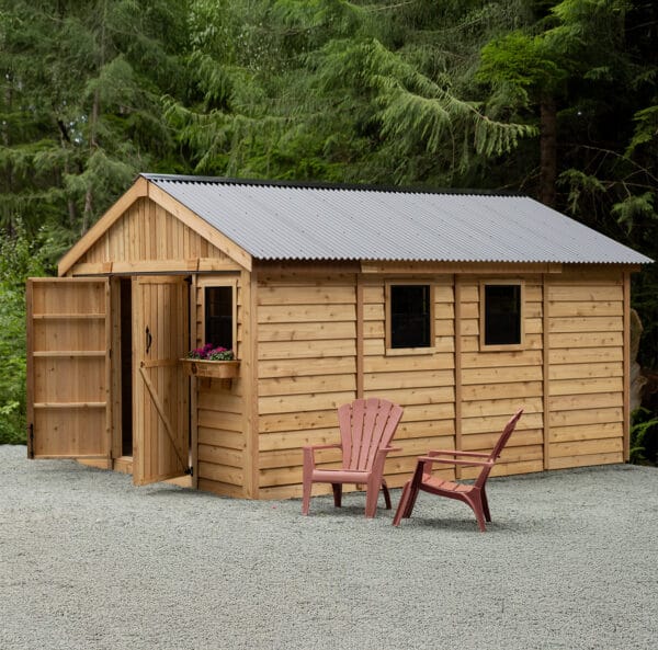 Wooden shed with outdoor seating area