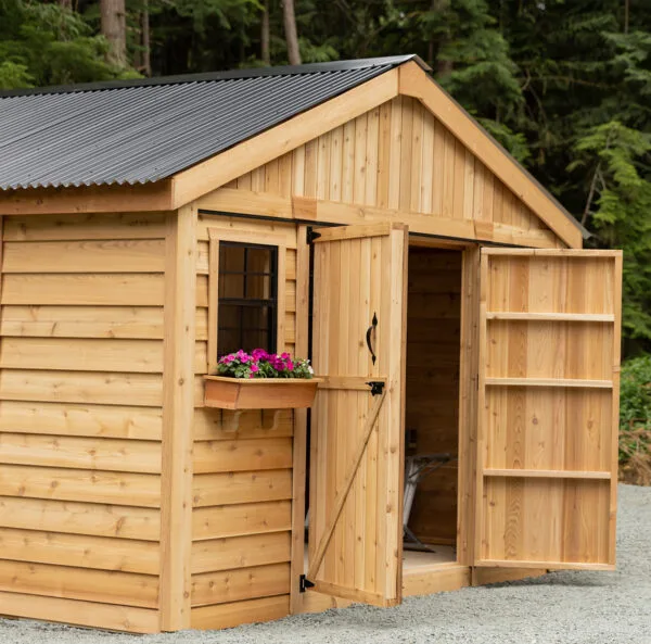 Wooden shed with open doors
