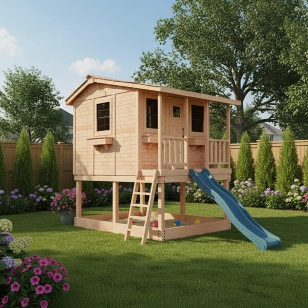 Wooden playhouse with slide and ladder
