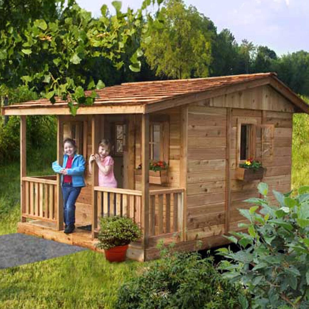 Wooden playhouse surrounded by greenery.