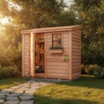 Cedar shed in a garden setting.