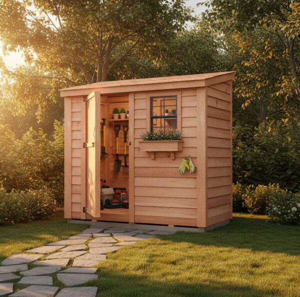 Cedar shed in a garden setting.
