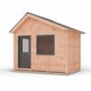 Wooden shed with gray door and window