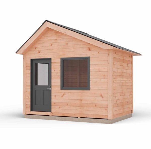 12×8 Saltbox Studio — Western Red Cedar Modern Outdoor Office 25 Wooden shed with gray door and window