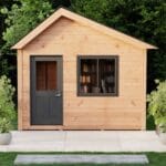 Wooden shed with large window and door