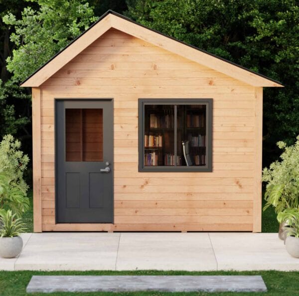 12×8 Saltbox Studio — Western Red Cedar Modern Outdoor Office 21 Wooden shed with large window and door