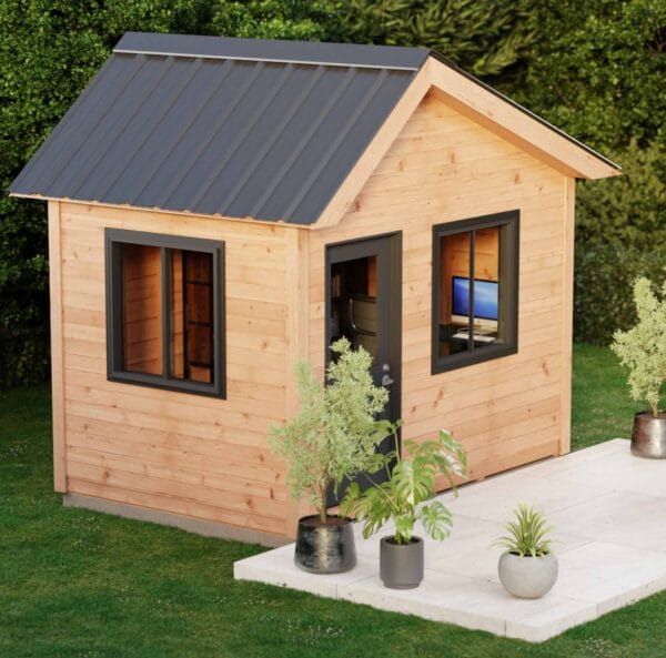 12×8 Saltbox Studio — Western Red Cedar Modern Outdoor Office 22 Wooden shed with modern design features.