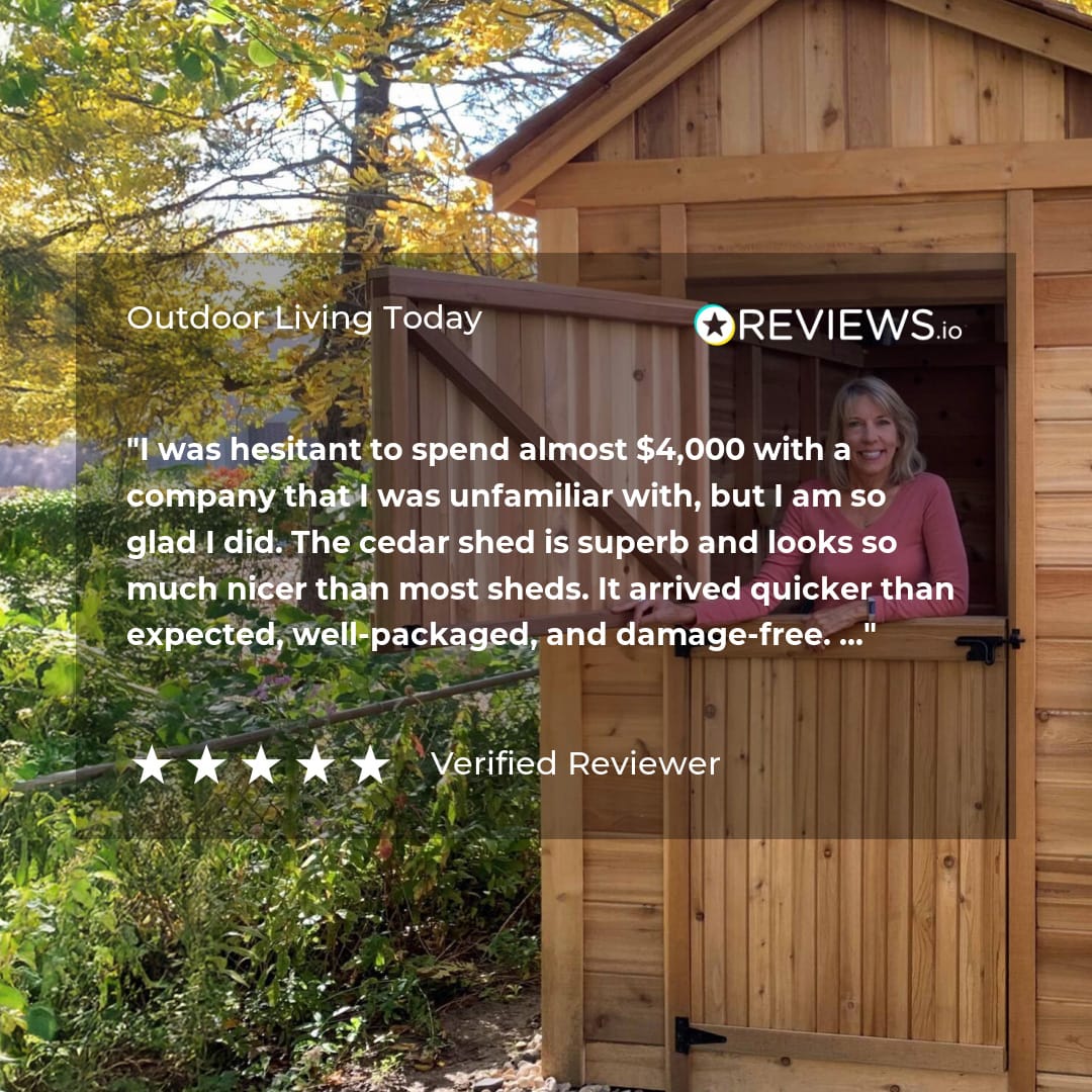 Reviewsio Outdoor Living Today Review Card Lifestyle 55 Wooden shed surrounded by trees.