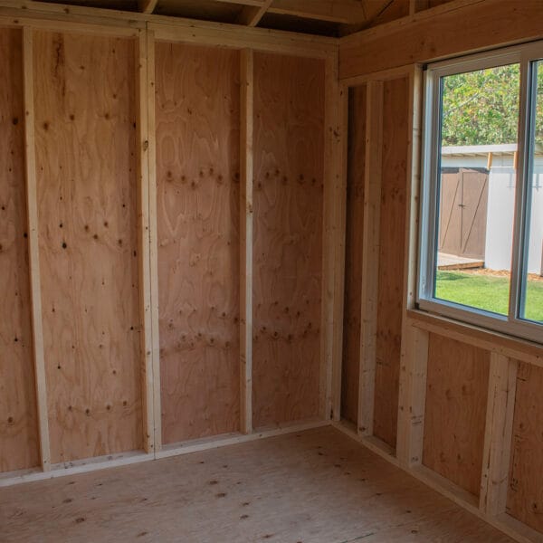 12×8 Saltbox Studio — Western Red Cedar Modern Outdoor Office 14 Empty interior of a wooden shed.