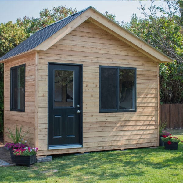 12×8 Saltbox Studio — Western Red Cedar Modern Outdoor Office 16 Wooden shed with black metal roof