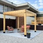 Wooden pergola with seating area