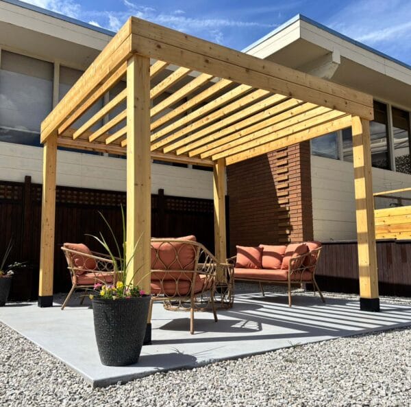 Western Red Cedar Urban Escape Pergola – Outdoor Shade Structure 2 Wooden pergola with seating area