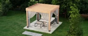 Stylish outdoor pergola with seating