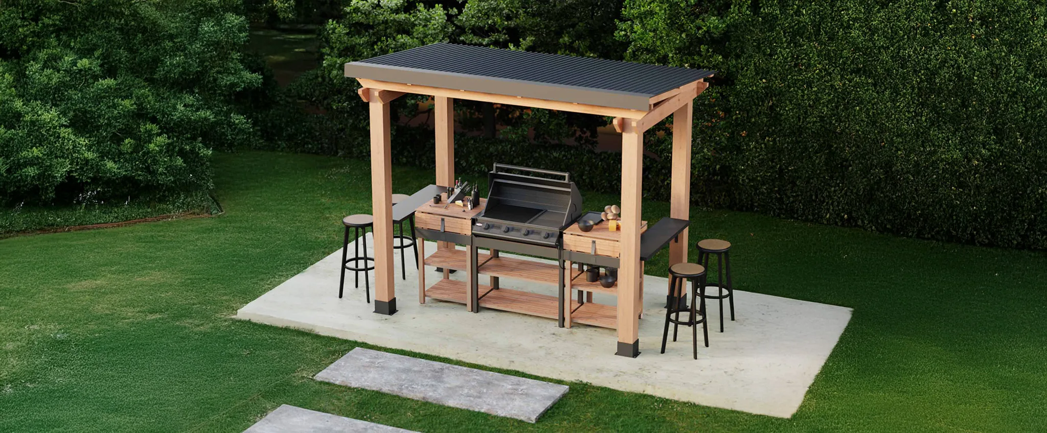Outdoor grilling shelter with seating