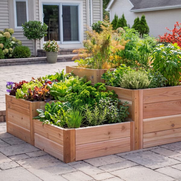 3.5×4 Tiered Raised Garden Bed closeup view with plants closeup view right side