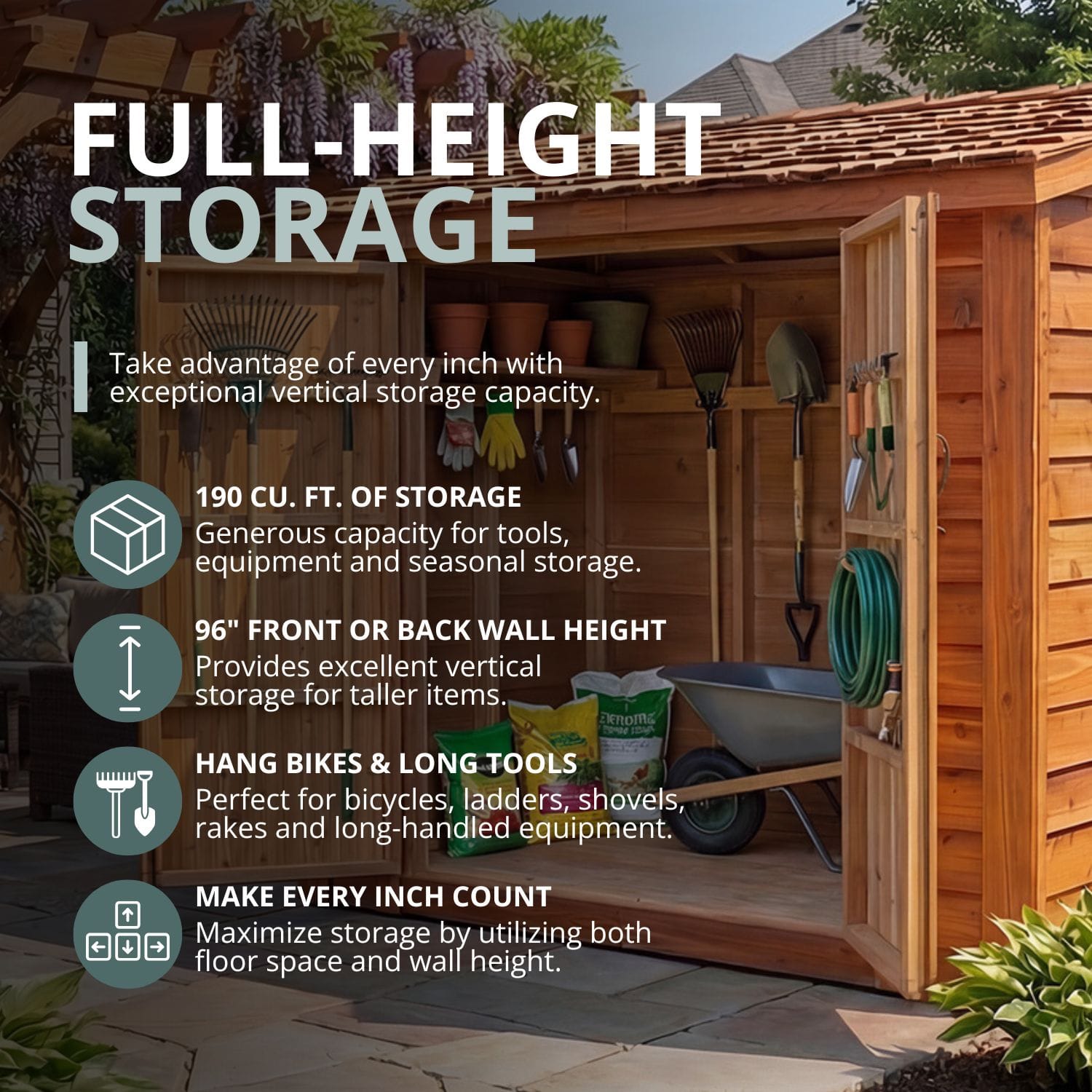 8×4 Cedar Shed - SpaceSaver Double Door – Lean-To Storage Kit 6 Cedar shed with full-height storage.