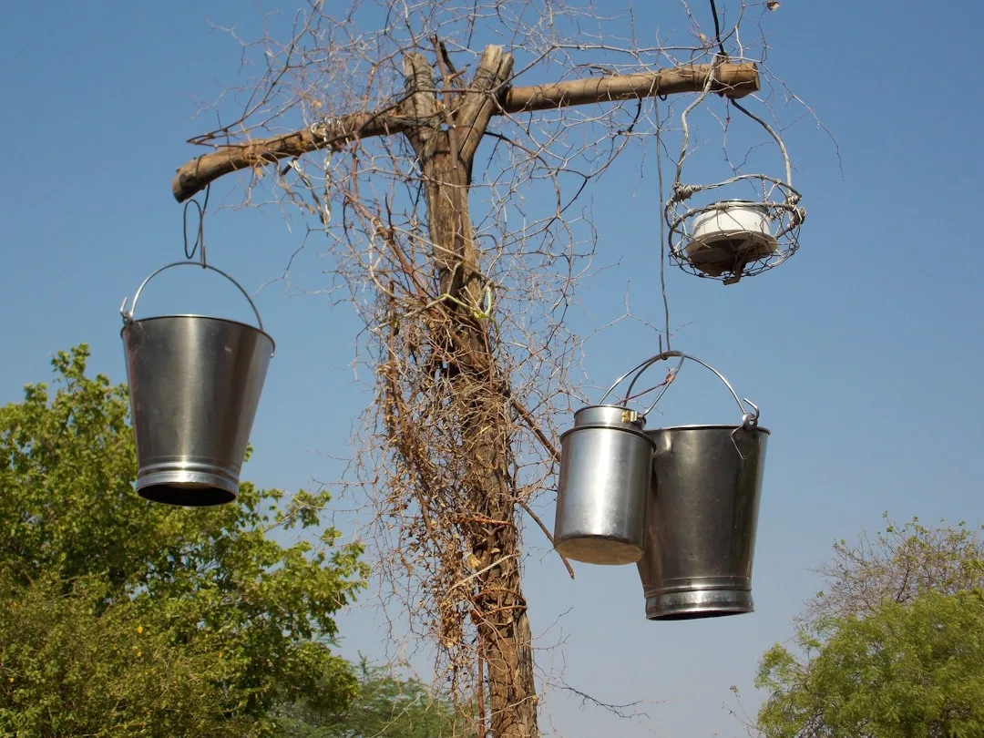 Photo by Sandip Pandhare Metal buckets hanging from a wooden post outdoors.