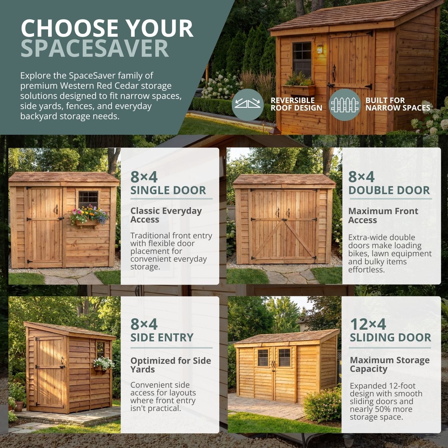 8×4 Cedar Shed - SpaceSaver Side Door – Lean-To Storage Kit 17 Various storage shed options displayed